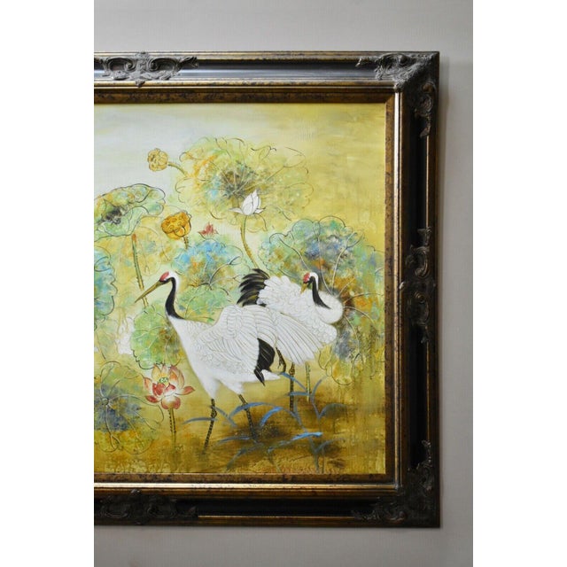 Vintage Large Heron Birds and Floral Oil Painting in Ornate Black/Gold Frame For Sale - Image 4 of 10
