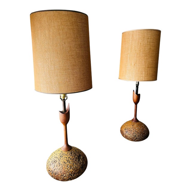 1970s Cork and Walnut Tulip Table Lamps Attributed to Adiran Pearsall For Sale