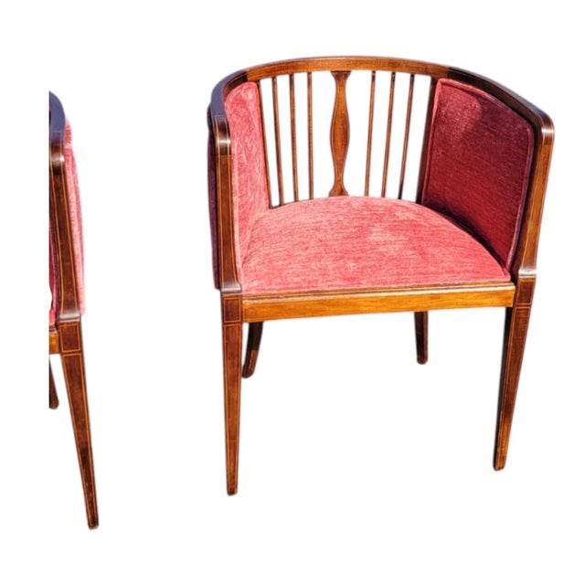 Brown Pair 1920s English Edwardian Inlaid Mahogany Tub Club Chairs Newly Upholstered For Sale - Image 8 of 18