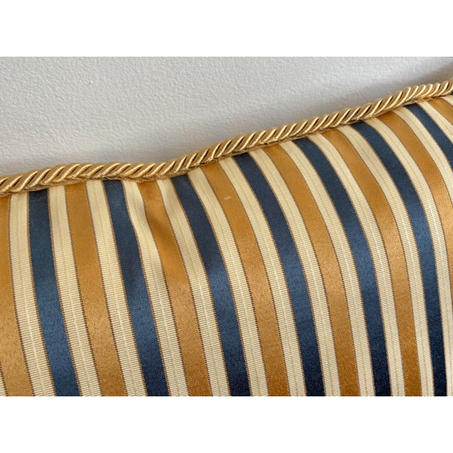 Contemporary Striped Blue and Gold Down-Filled Lumbar Pillow With Cord Edge For Sale - Image 3 of 8