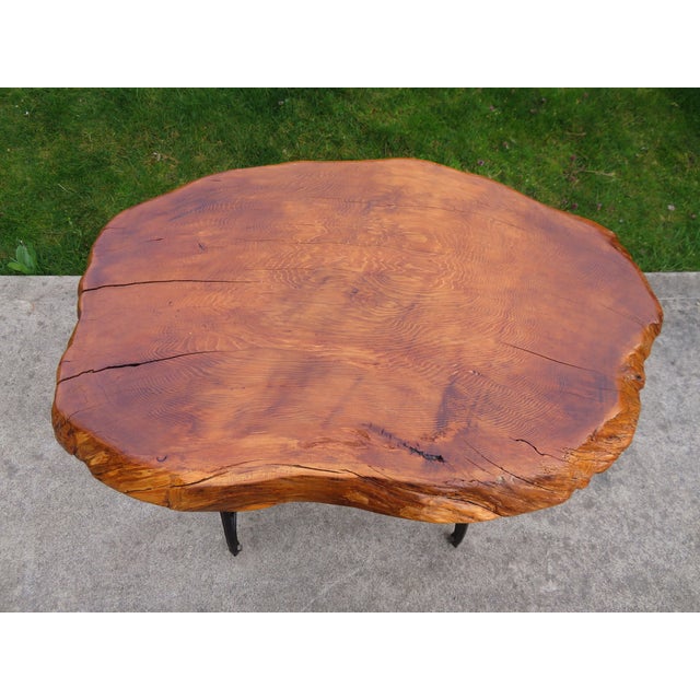 Farmhouse Antique Live Edge Cedar Wood Slab Side Table on Cast Iron Singer Treadle Base ~ Rustic Industrial Handmade Design For Sale - Image 3 of 15