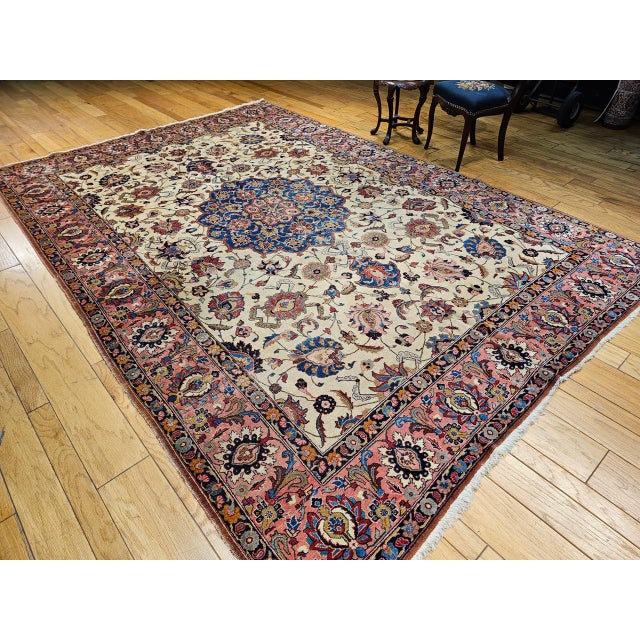Persian Vintage Persian Tabriz Rug, Hand-Knotted Wool, Palmettes & Sickle Leaves Pattern, Blue & Ivory, 8x12 For Sale - Image 3 of 15