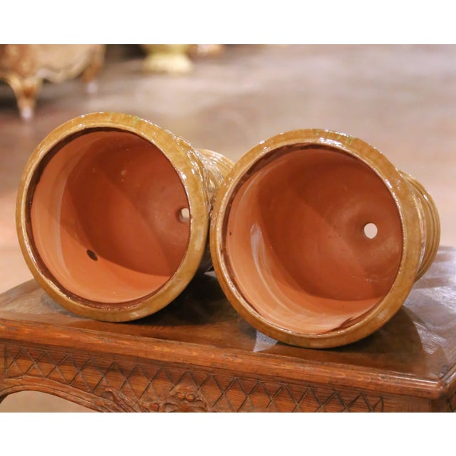 Tan Pair of French Anduze Terracotta Planters in Ochre Glaze Signed La Madeleine For Sale - Image 8 of 9