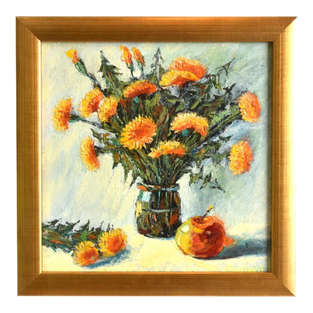 Beautiful Bouquet Flowers Oil Painting Including the Antique Gold Wood Frame For Sale