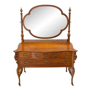 Antique Carved 4 Drawers Dresser w/ Large Beveled Swivel Clove Shape Mirror