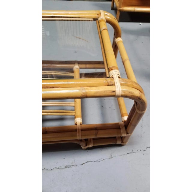 1950s 1940s Restored 2-Tiered Rattan Coffee Table W/ Glass Top For Sale - Image 5 of 6