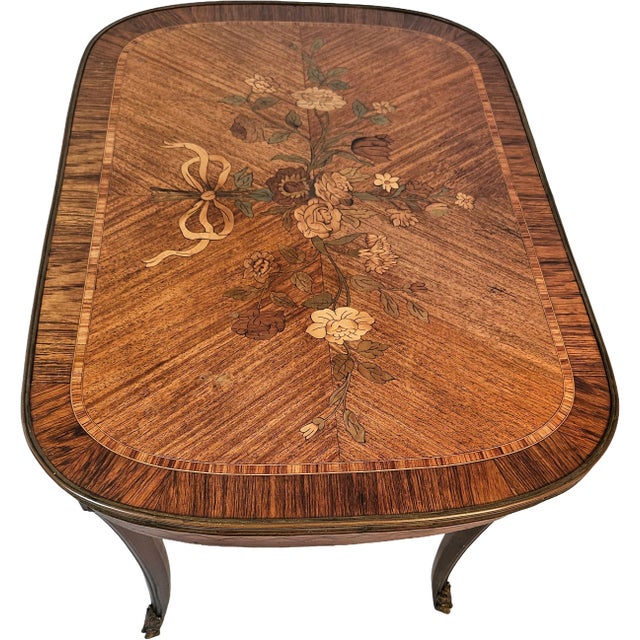 French Louis XV Style Marquetry Side Table With Bronze Accents, Circa 1900 For Sale - Image 4 of 14