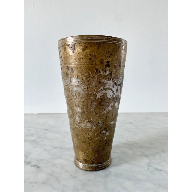 Early 20th Century Antique Indian Etched Brass Metal Lassi Cups or Vases, Pair For Sale - Image 5 of 13