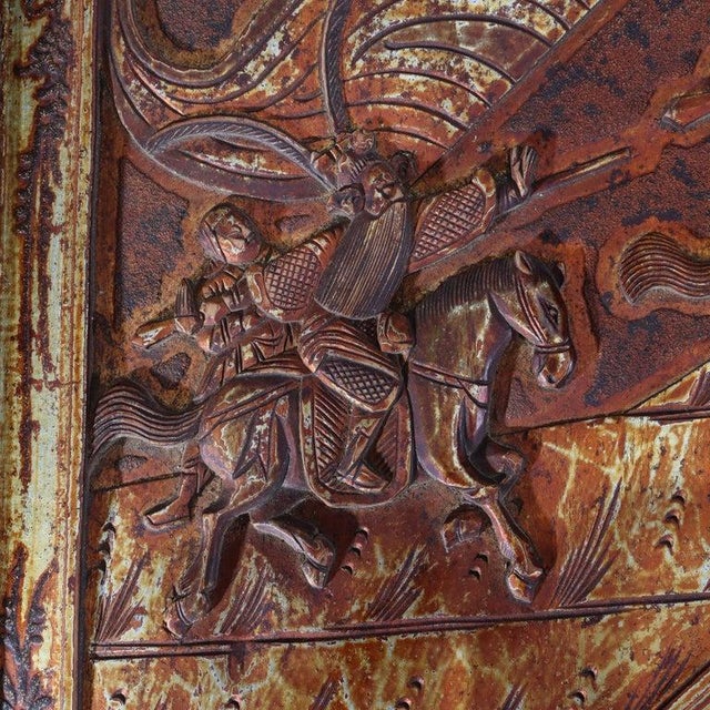 Vintage Chinese Gilt & Vermillion Scenic Carved Rosewood Doorway Entry Panel For Sale - Image 14 of 16