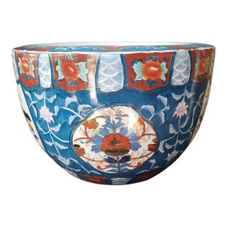 Large Vintage Chinoiserie Imari Style Signed Blue, Red and White Bird and Flowers Porcelain Planter Jardinière For Sale