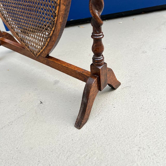 Chocolate 1920s English Caned Shield Fireplace Screen With Oak Barley Twist Frame For Sale - Image 8 of 9