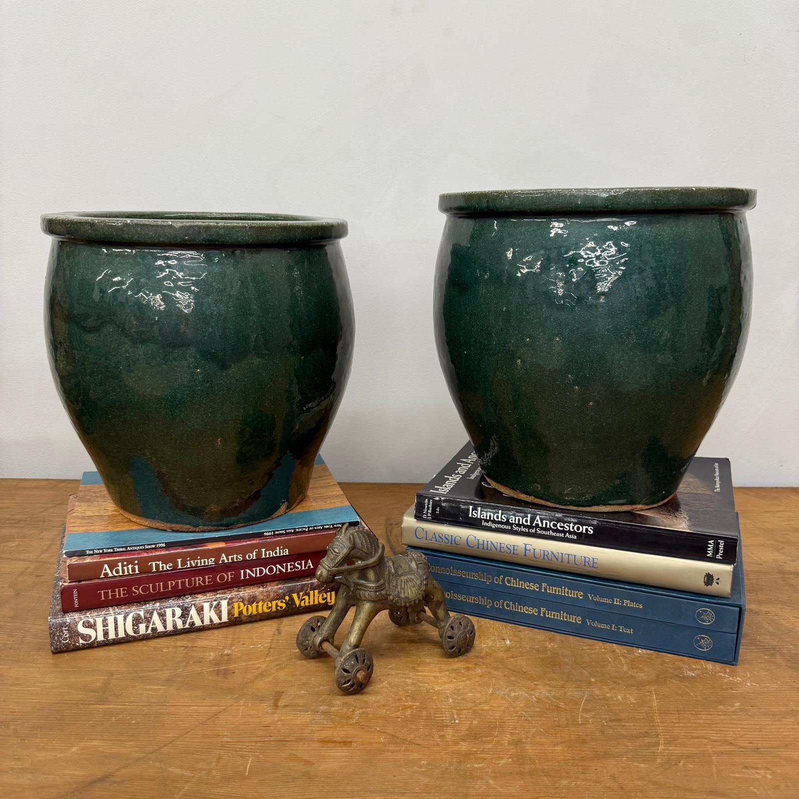 ブルーグリーン Mid 20th Century Deep Green Glazed Round Ceramic Planters - A Pair