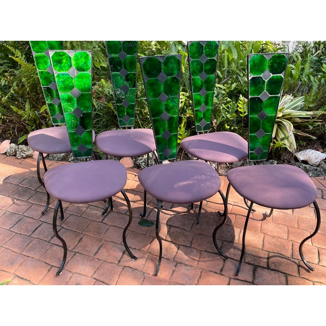 Six 1960’s Brutalist High Back Dining Room, Chairs W/ Tile Inlai For Sale - Image 4 of 9