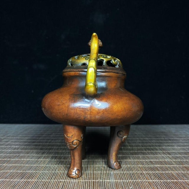 Metal Vintage Gilt Bronze Tripod Censer - Imperial Incense Burner With Handles For Sale - Image 7 of 9