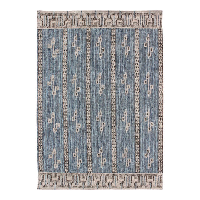 Modern Scandinavian/Swedish Geometric Design Rug in Blue, Light Brown For Sale