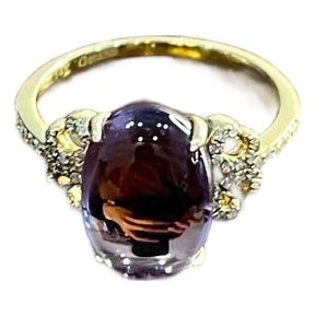 Oval Cabochon Pink Violet Amethyst 14k Diamond Statement Unique Ring, Size 6.75 For Sale