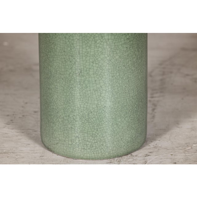 "About the Item This vintage Chinese ceramic umbrella stand features a clean, cylindrical form finished in a soft celadon-...