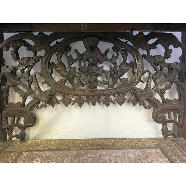 Wood Early 1900's Wolverine Manufacturing Balinese Style Carved and Pierced Wood Console Table With Drawer and Marble Surfaces For Sale - Image 7 of 12