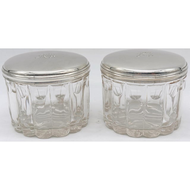 Metal Pair French 'Royal' Silver Armorial Cut Glass Bamboo Motif Dresser Jars For Sale - Image 7 of 7