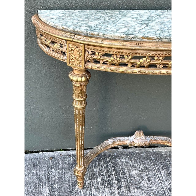 Vintage French Giltwood Marble Top Demilune Console Tables - A Pair For Sale - Image 11 of 12