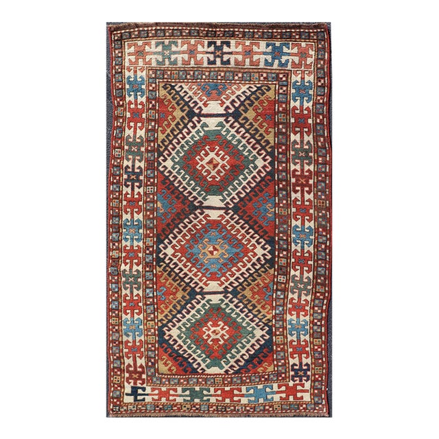Antique Caucasian Kazak Rug With Geometric Design Medallions 3'10" X7'4" For Sale