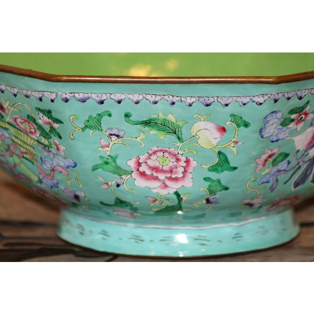 Large 9.5" Antique Octagonal Canton Enamel Cloisonne Bowl For Sale - Image 4 of 8