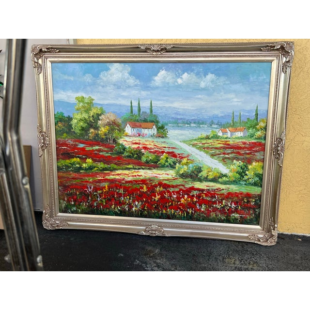 Wood Vintage Large Italian Landscape Painting With Red Poppies Signed For Sale - Image 7 of 7