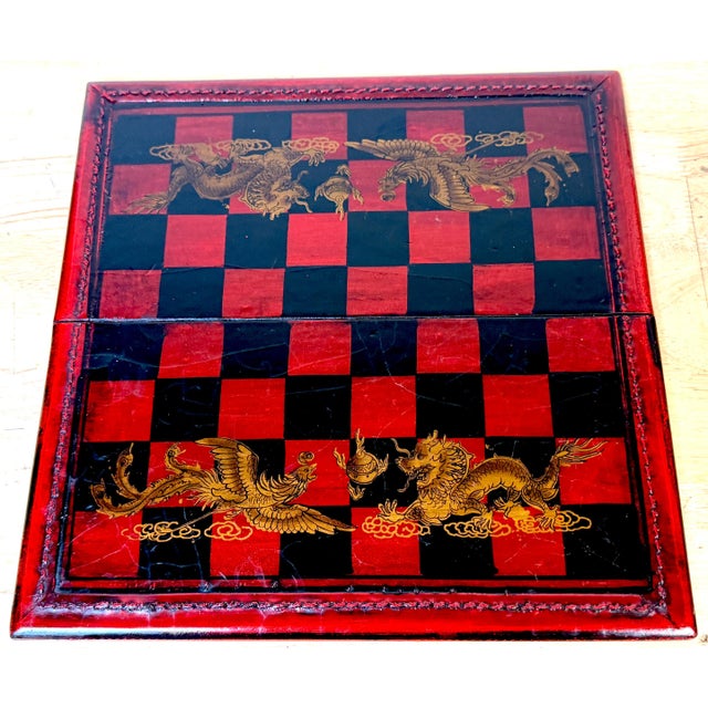 Red Exceptional Chinese Lacquered Travel Chess Set Lacquered Board & Court Figures For Sale - Image 8 of 18