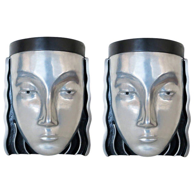 1970s Art Deco Style Female Face Mask Wall Sconce - a Pair For Sale
