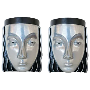 1970s Art Deco Style Female Face Mask Wall Sconce - a Pair