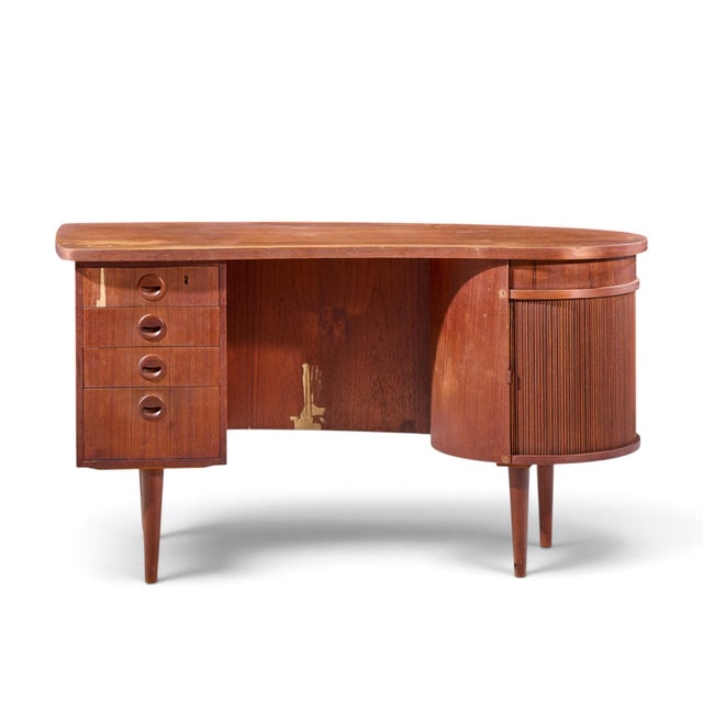 Kai Kristiansen for Feldballes Model 54 Mid Century Danish Teak Tambour Door Desk This desk measures: 54 wide x 28 deep x...