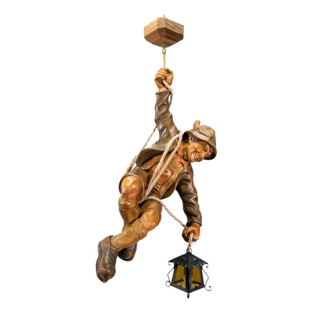 Large German Black Forest Carved Wood Mountaineer with Lantern, 1950s For Sale