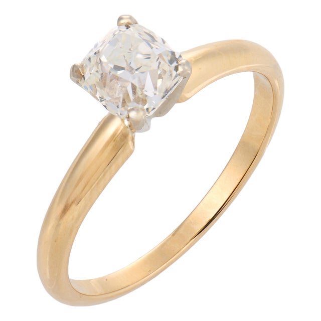 Mid 20th Century Gia 0.91 Carat Old Mine Cut Diamond 14k Yellow Gold Solitaire Engagement Ring, Size 5.75 For Sale