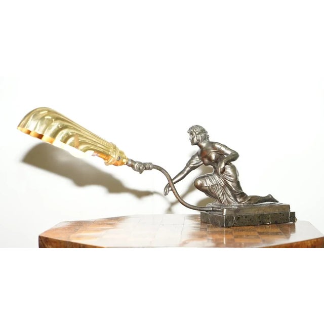 Metal Art Deco Marble & Bronze Statue Table Lamp For Sale - Image 7 of 18