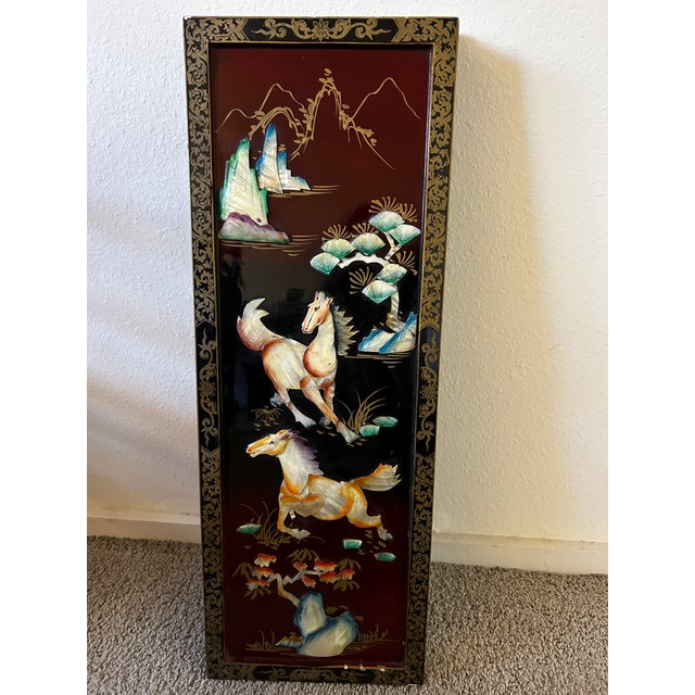 Vintage Mid Century Chinese Mother of Pearl Inlaid Panels " Year of the Fire Horse' Set 4 For Sale In Sacramento - Image 6 of 7