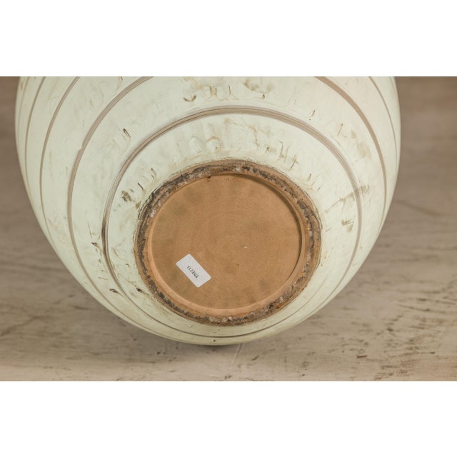 Cream Large Artisan Cream Glazed Ceramic Vase with Brown Striated Bands For Sale - Image 8 of 17