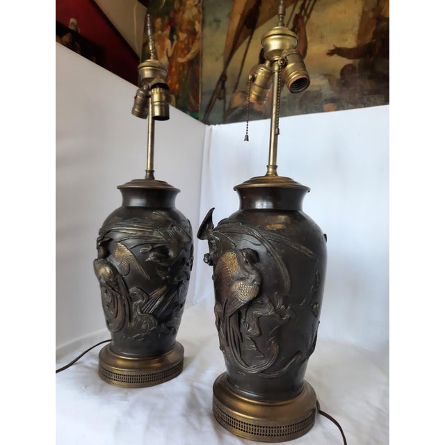 Antique Japanese Meiji Bronze Bird Vases Table Lamps - a Pair For Sale - Image 4 of 5