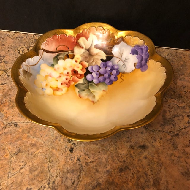 Fine hand-painted French Limoges scalloped bowl with gold gilt edge and embossed design. Jean Pouyat 1890s. Purple and Red...