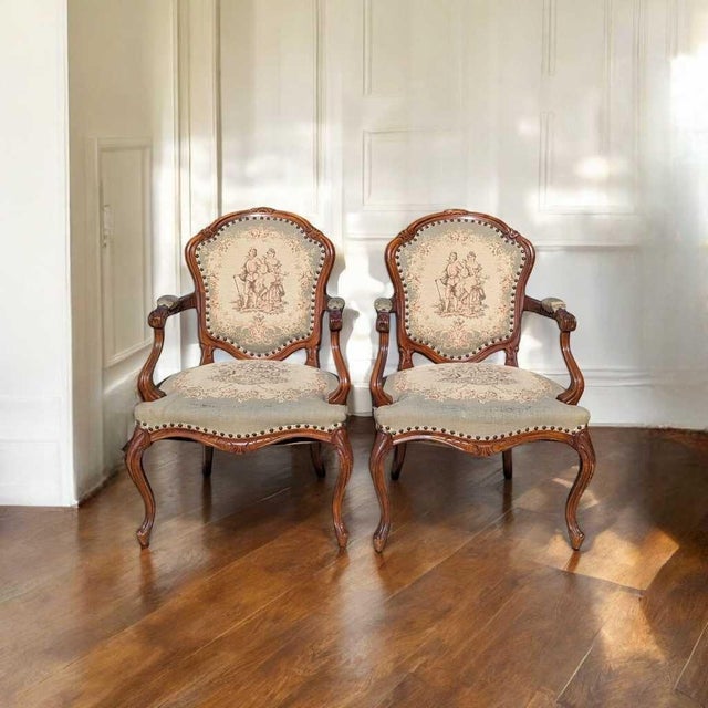 French Early 20th Century Pair of Louis XV-Style Carved Wood Armchairs With Tapestry Upholstery For Sale - Image 3 of 17