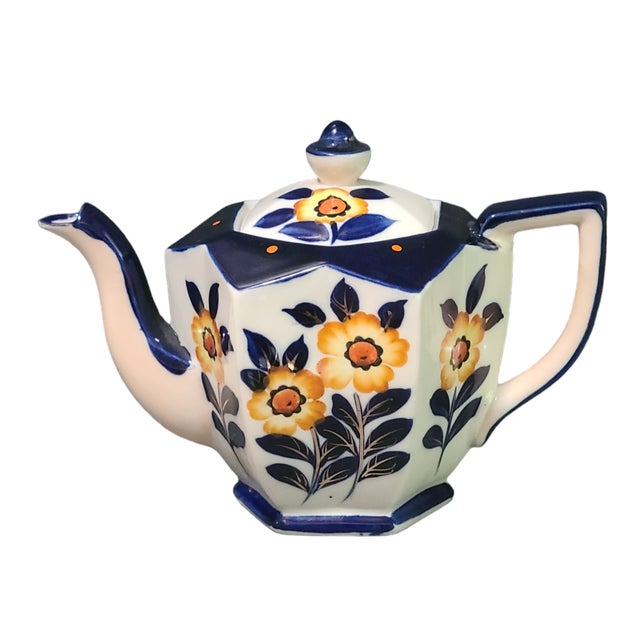 Antique Hexagonal Hand Painted Floral Japanese "Moriyama" Tea Pot For Sale - Image 9 of 9