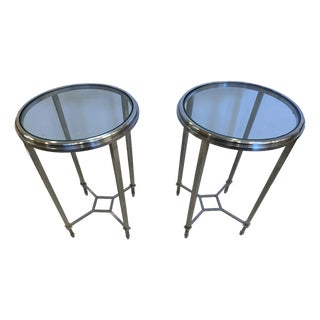 Silver Leaf Bronze Round Side Tables With Glass Tops -a Pair For Sale