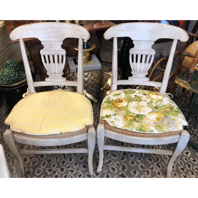 French Provincial Wood Painted & Rush Seat Urn Chairs, A a Pair
