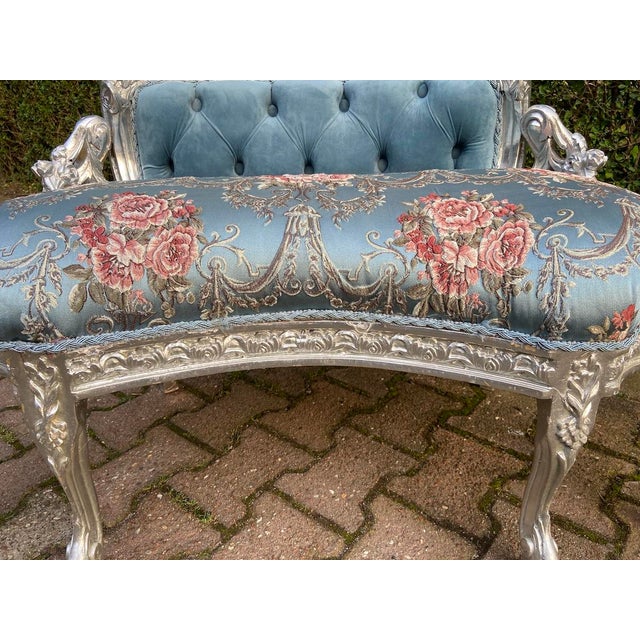1970s French Louis XVI Blue Silver Beech Settee 1 Pc For Sale - Image 10 of 15