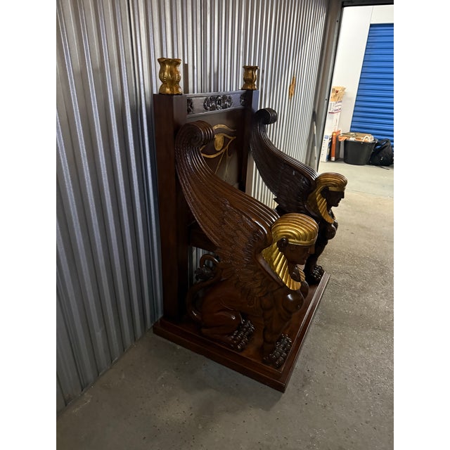 1960s Egyptian Revival Throne Chair With Winged Sphinxes & Eye of Horus For Sale - Image 4 of 6