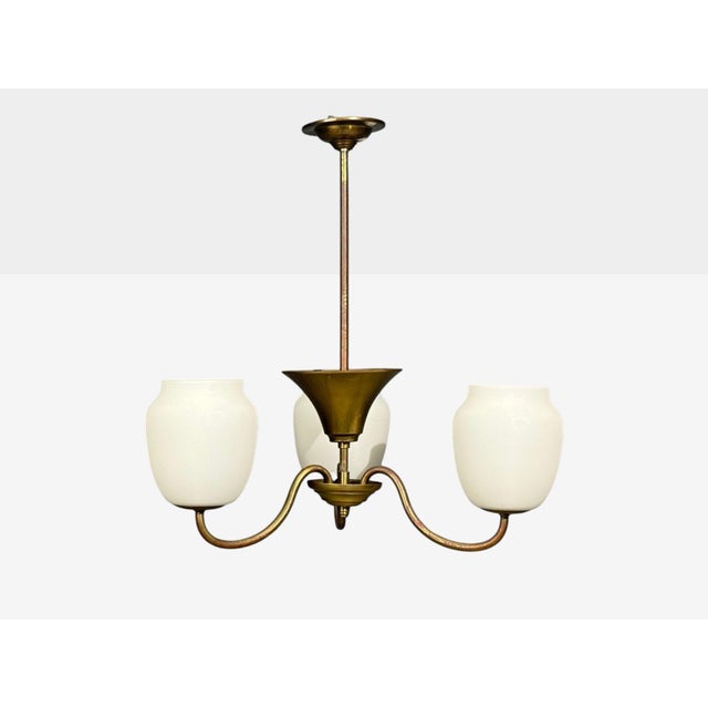 Danish Mid-Century Modern, Pendant Light or Chandelier, Brass, Glass, Denmark, 1940s A heavily patinated brass and glass...