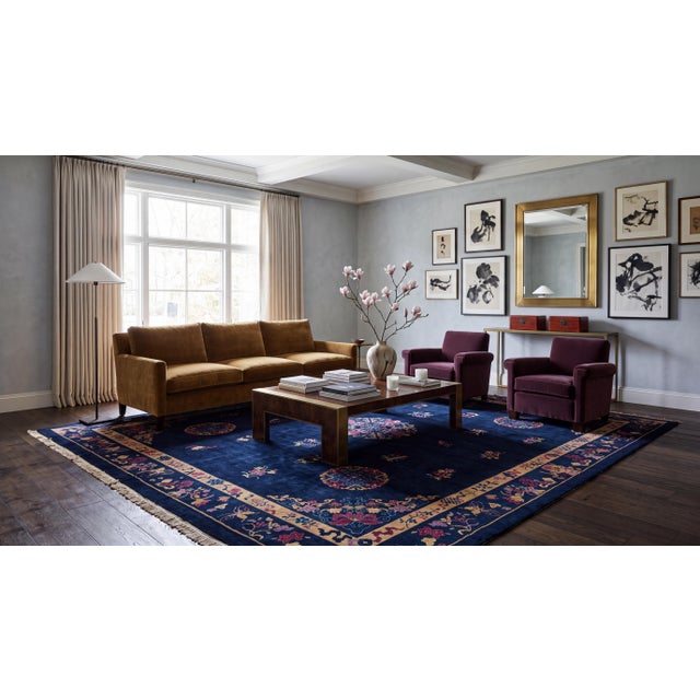 Elevate your interior with this breathtaking 1920s Antique Chinese Art Deco wool rug, featuring a rich, midnight indigo...