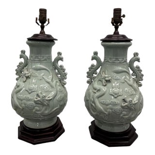 1980s Incredible Wildwood Celadon Peacocks and Dragons - a Pair For Sale