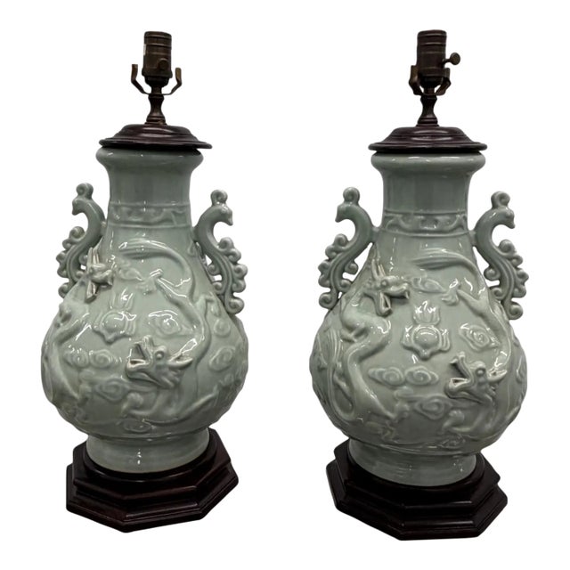 1980s Incredible Wildwood Celadon Peacocks and Dragons - a Pair For Sale