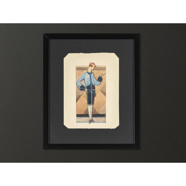 Original fashion drawing from the 1920s. Lady in blue robe with a yellow butterter on her hand. Colored pencil drawing on...