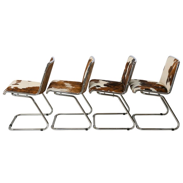Set of 4 pcs. Mid-Century Italian chrome frame dining chairs with fur skin upholstery by Claudio Salocchi from 1960's....